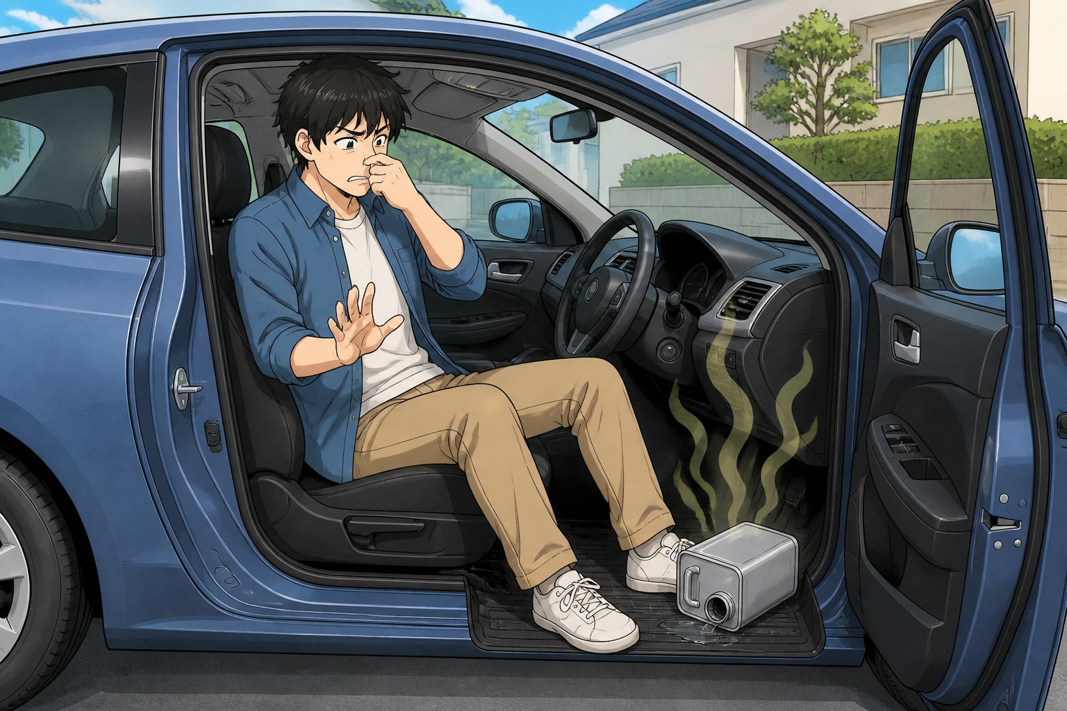 灯油のこぼれで臭いが残るイラスト