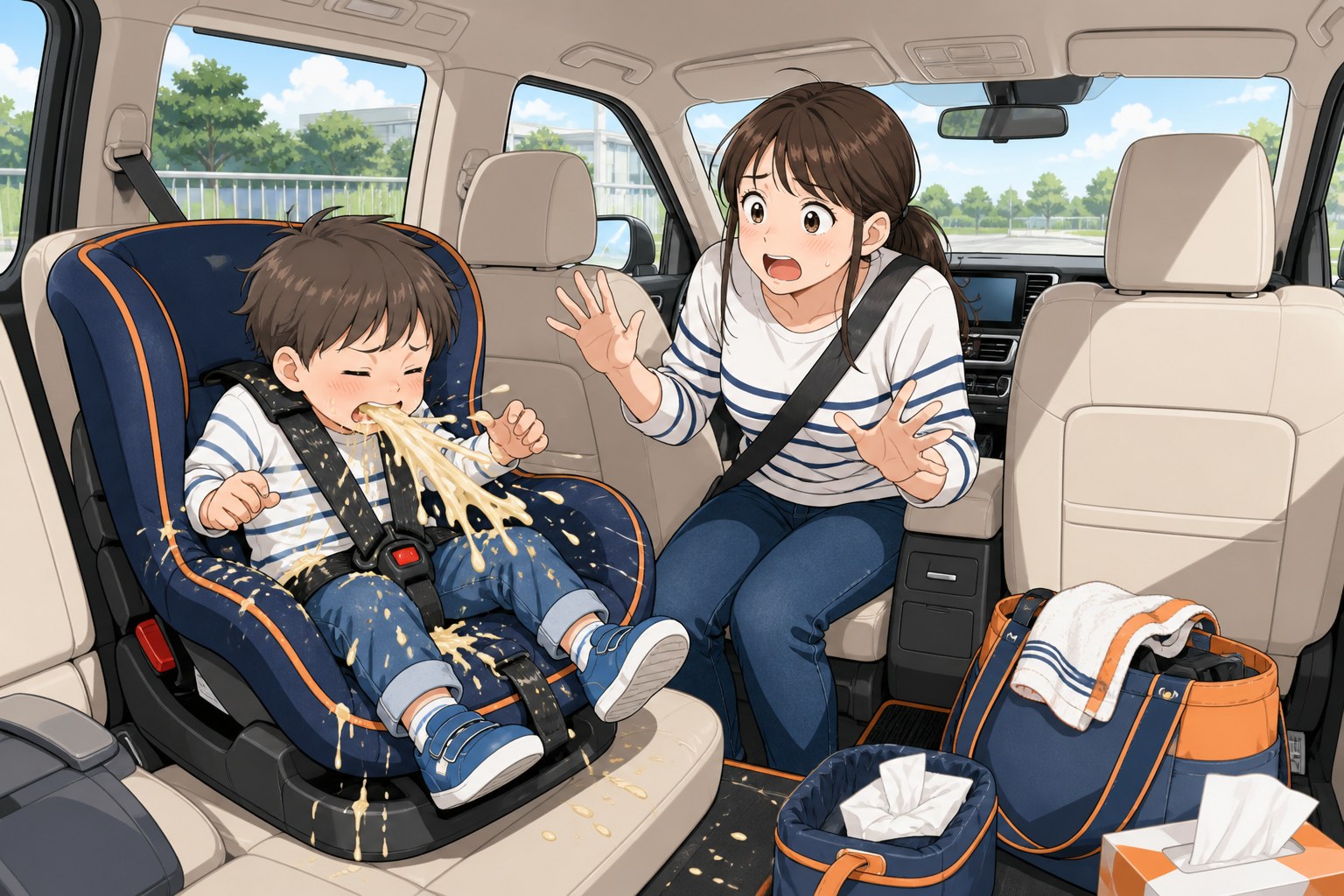 子どもの嘔吐で困っているイラスト