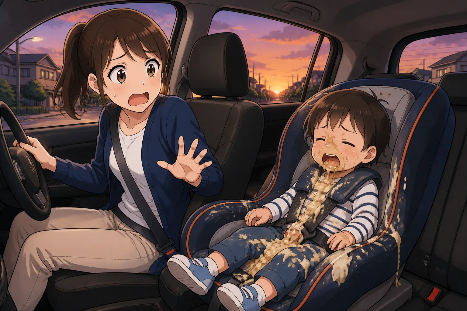 夕方、車内で子どもが嘔吐して親が困る漫画